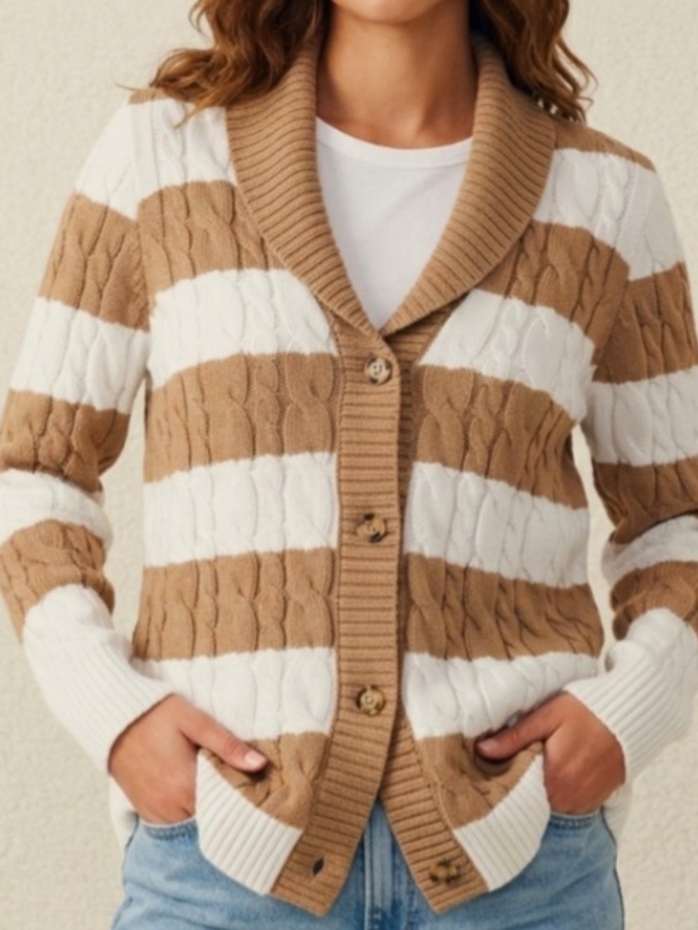 Lands' End Shawl-Collar Striped Cable-Knit Cardigan - Cream & Tan